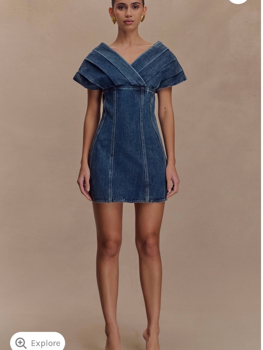 Meshki - Pascale Off Shoulder Denim Mini Dress - Washed Dark Blue - Small